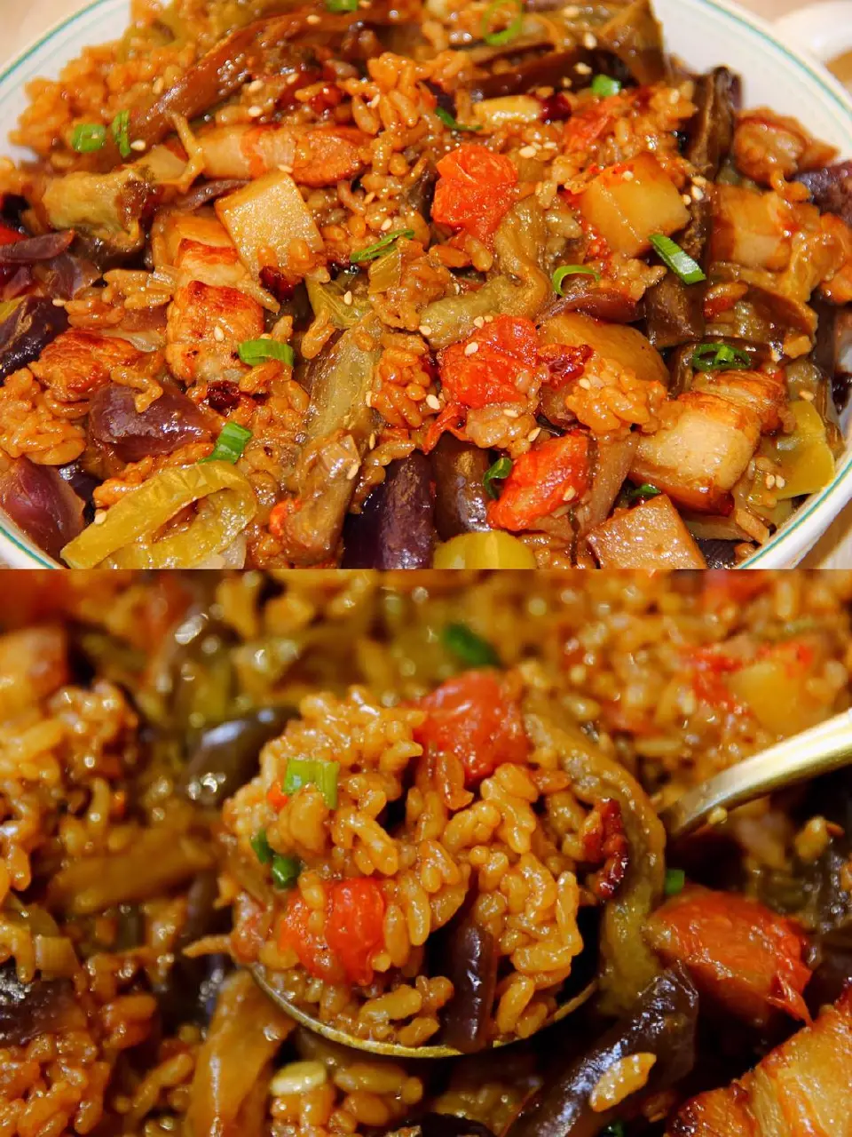 电饭煲茄子烧肉焖饭成品图