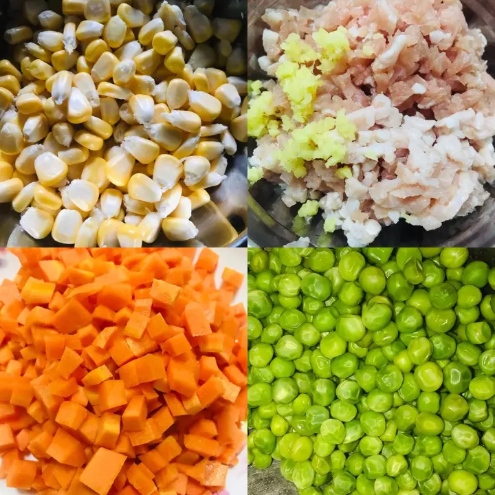 五彩玉米胡萝卜豌豆炒肉末 第 1 步